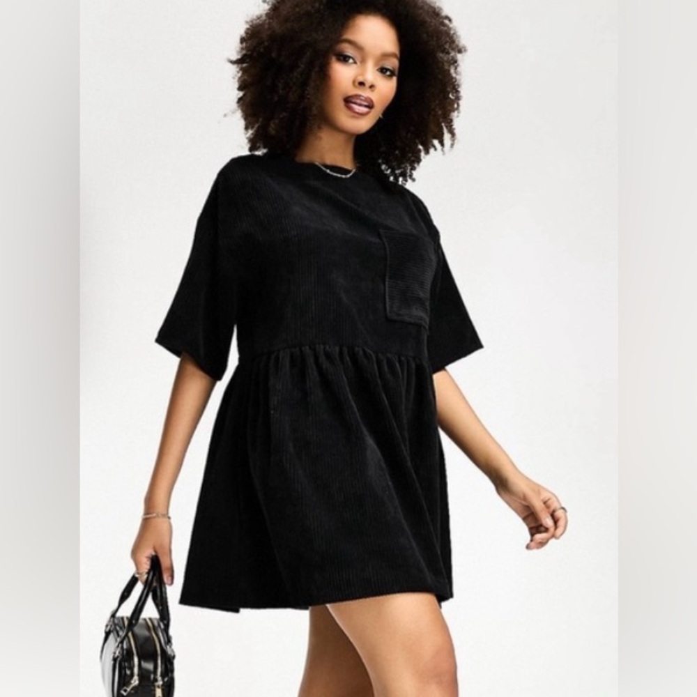 NWT ASOS Design Oversized Boho Black Corduroy Pocketed Babydoll Dress